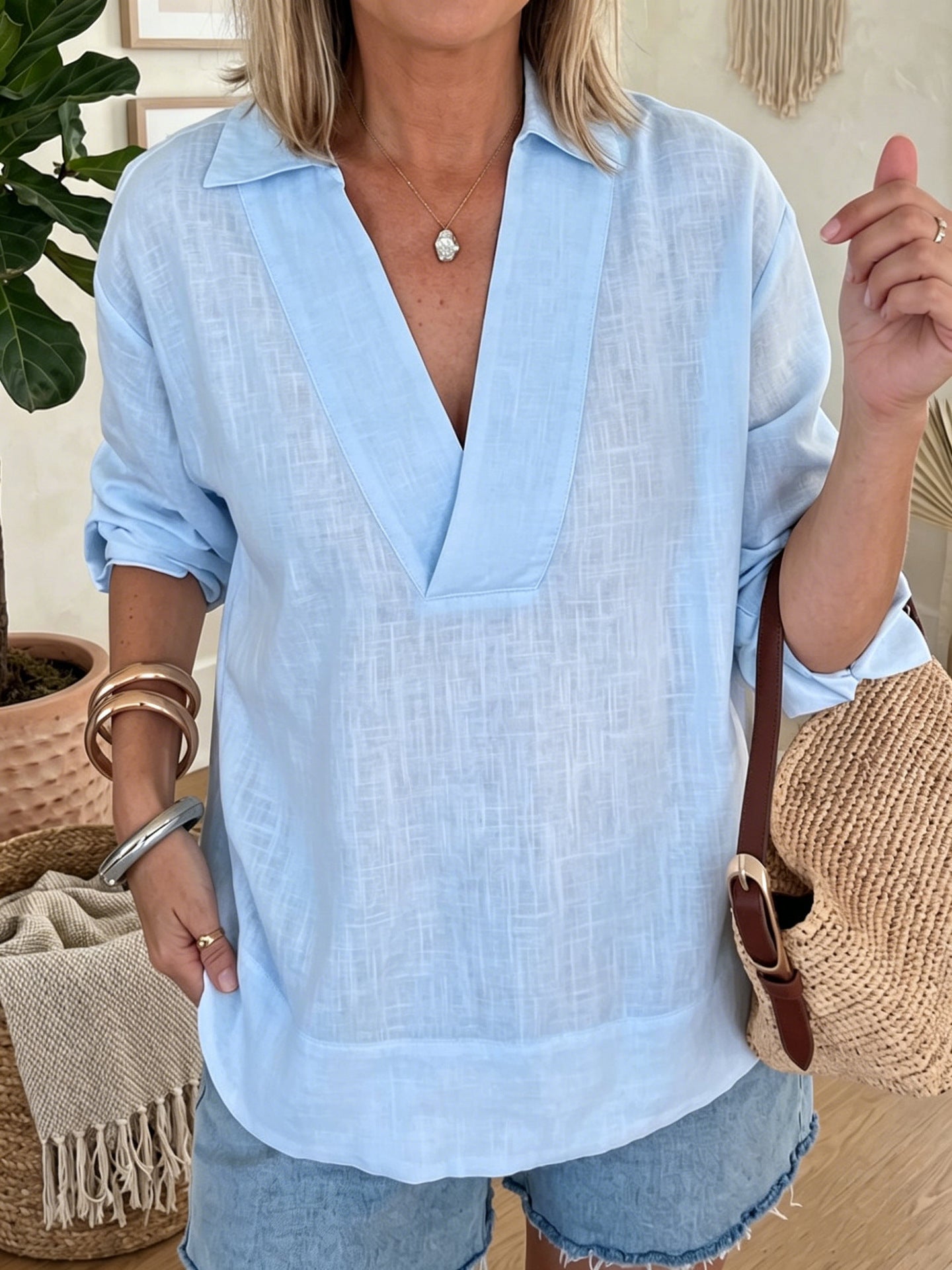 Everyday Linen Cotton V-Neck Shirt