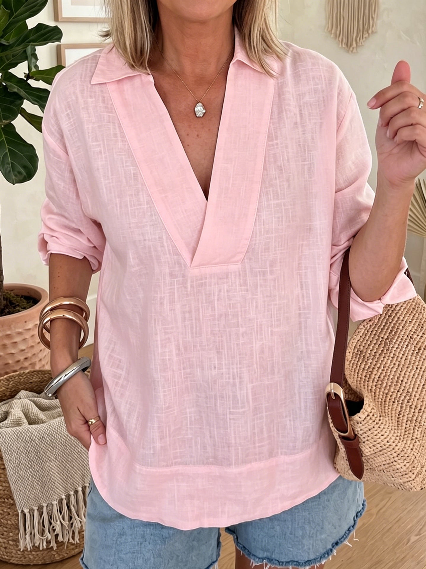 Everyday Linen Cotton V-Neck Shirt